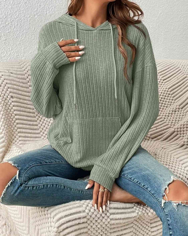 Ribbed Dropped Shoulder Drawstring Hoodie