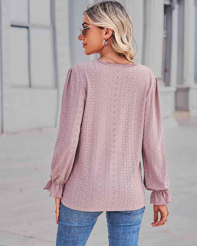 Eyelet V-Neck Flounce Sleeve Blouse