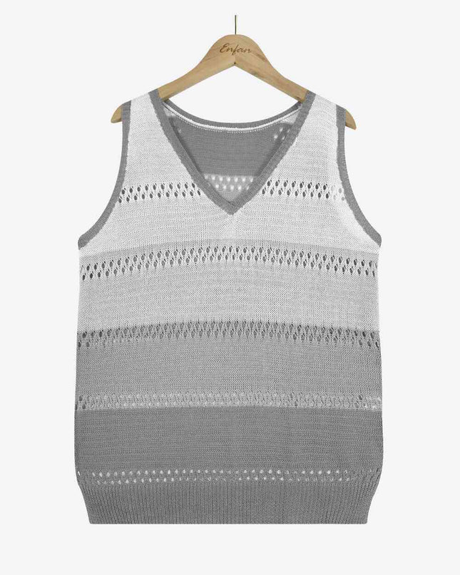 Striped Openwork V-Neck Knit Tank