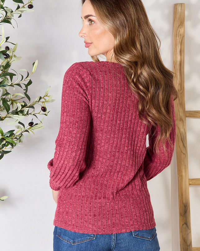 Double Take Ribbed Round Neck Lantern Sleeve Blouse
