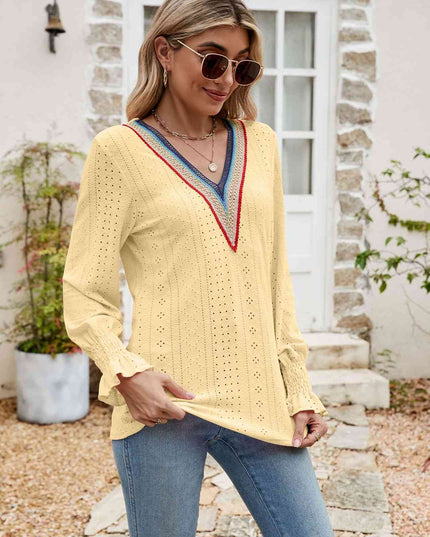 Eyelet Flounce Sleeve V-Neck Blouse