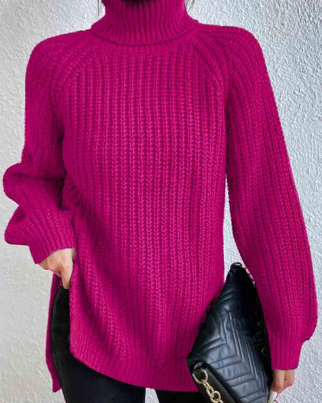 Full Size Turtleneck Rib-Knit Slit Sweater