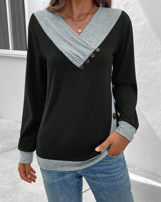 Contrast V-Neck Decorative Button Top