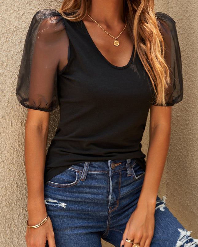 Spliced Mesh Puff Sleeve Blouse