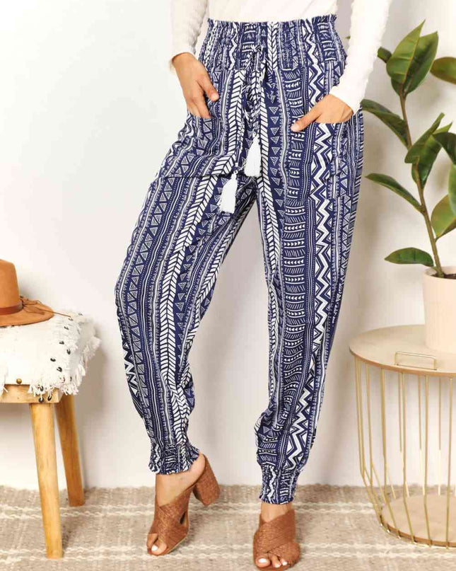 Double Take Geometric Print Tassel High-Rise Pants