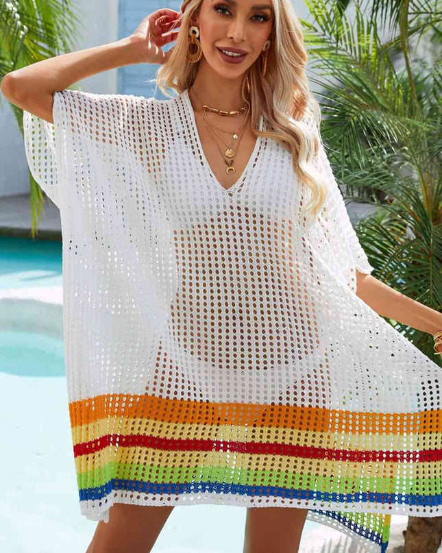 Rainbow Stripe Openwork Slit Cover-Up