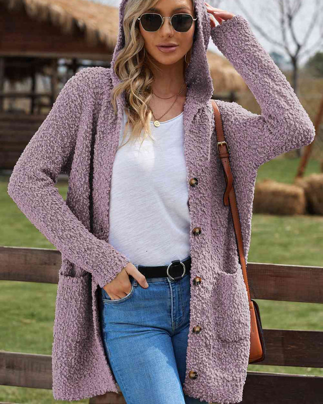 Double Take Popcorn-Knit Long Sleeve Hooded Cardigan