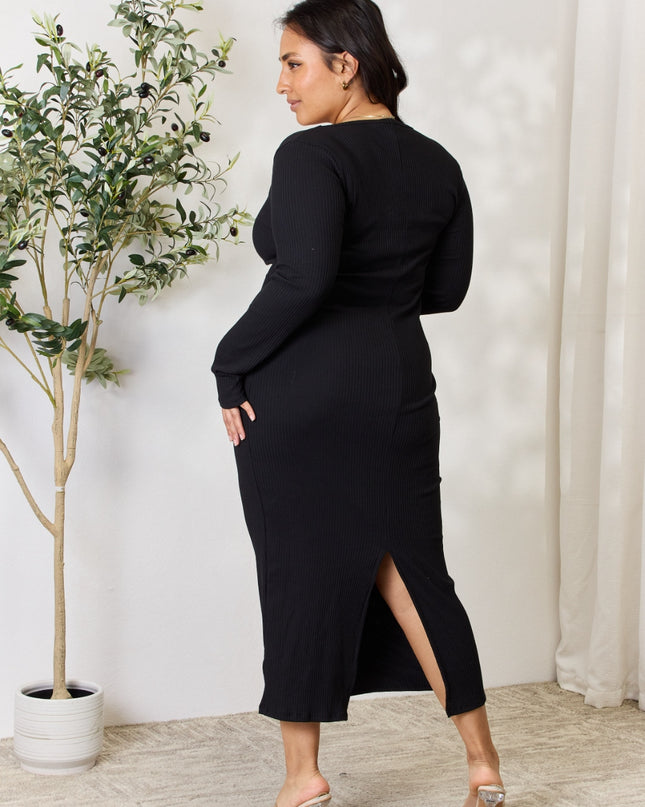 Culture Code Full Size Ribbed Long Sleeve Midi Slit Dress
