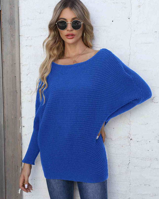 Full Size Horizontal Ribbing Dolman Sleeve Sweater