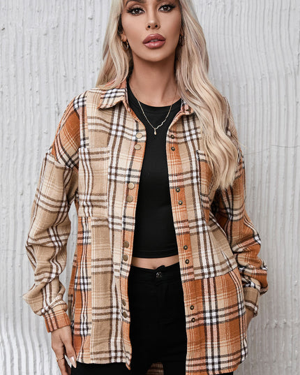 Plaid Snap Down Collared Neck Jacket
