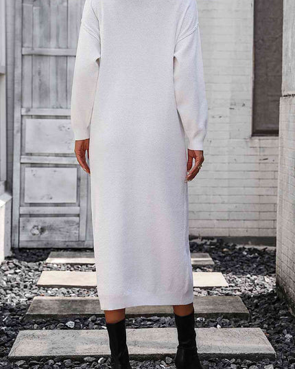 Notched Neck Dropped Shoulder Button-Down Midi Dress