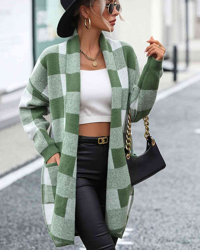 Plaid Dropped Shoulder Cardigan with Pocket