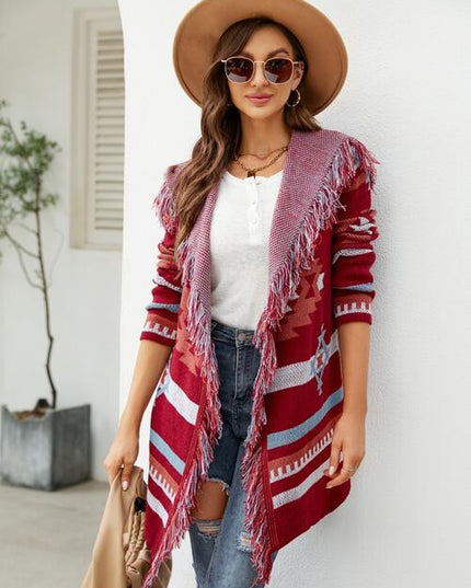 Fringe Geometric Hooded Long Sleeve Cardigan