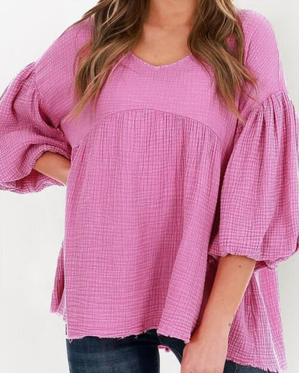Lantern Sleeve Round Neck Blouse