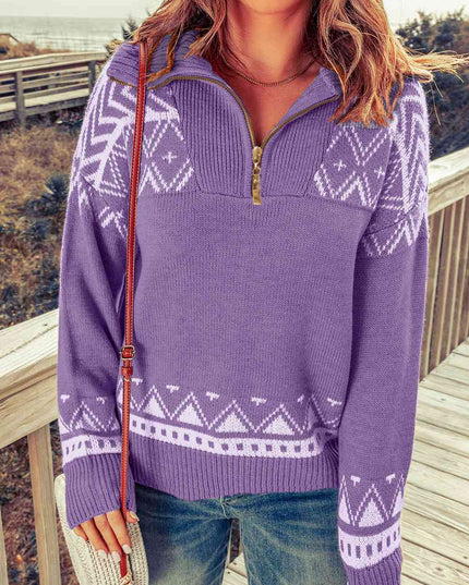 Zip-Up Mock Neck Dropped Shoulder Pullover Sweater