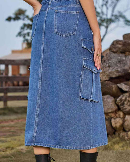 Slit Front Midi Denim Skirt with Pockets