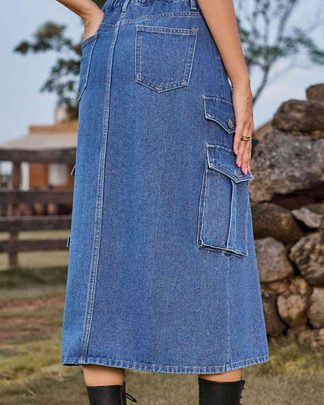 Slit Front Midi Denim Skirt with Pockets