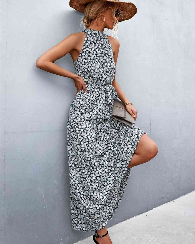 Printed Sleeveless Tie Waist Maxi Dress