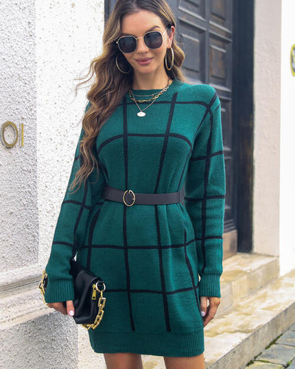 Plaid Round Neck Long Sleeve Sweater Dress