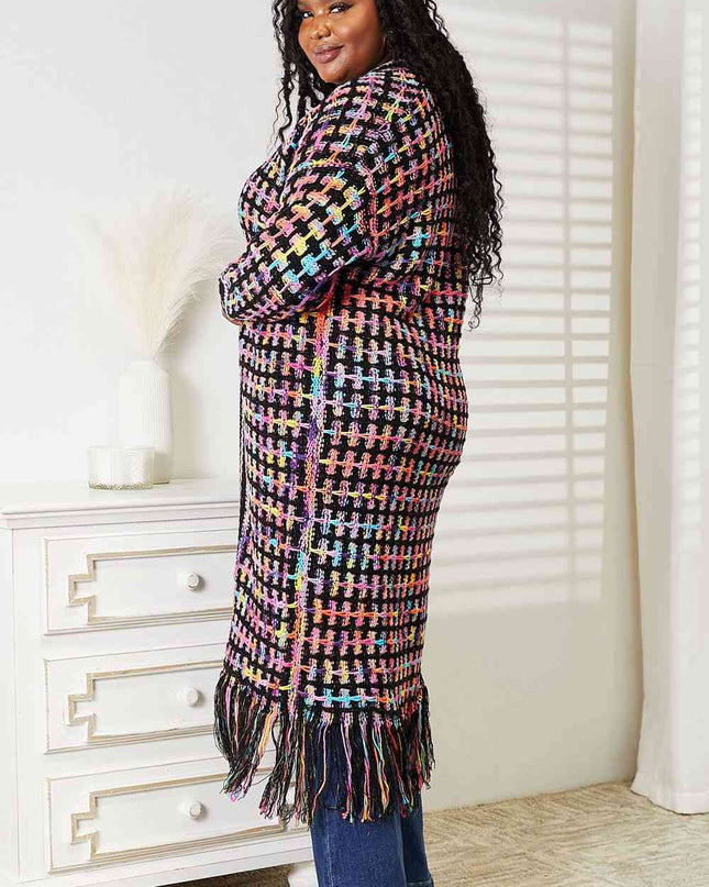 Double Take Full Size Multicolored Open Front Fringe Hem Cardigan