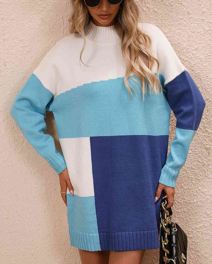 Color Block Mock Neck Dropped Shoulder Sweater Dress