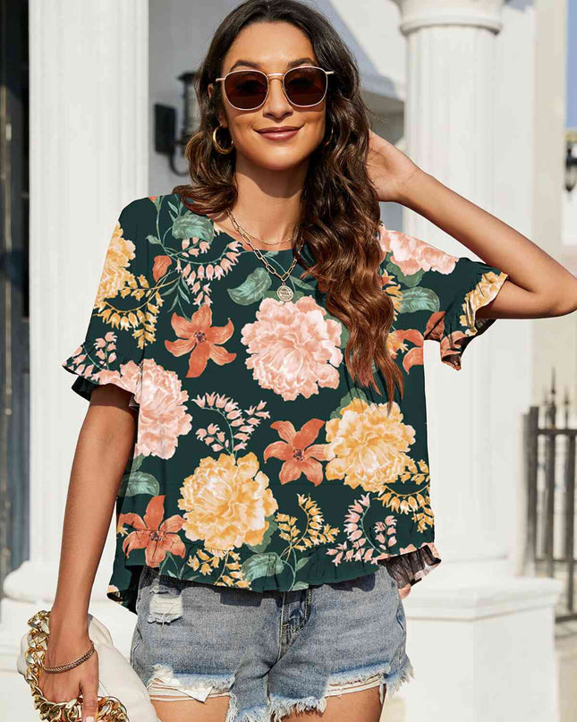 Floral Ruffled Flounce Sleeve Blouse