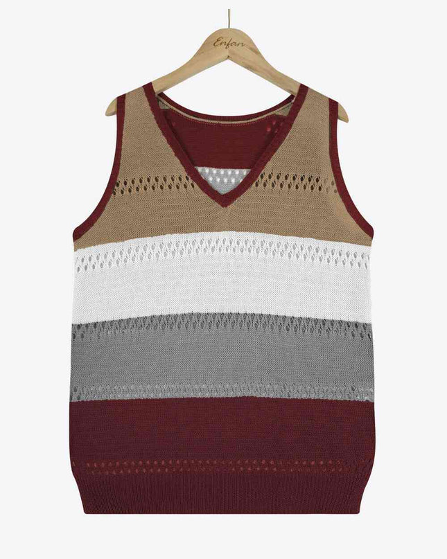 Striped Openwork V-Neck Knit Tank
