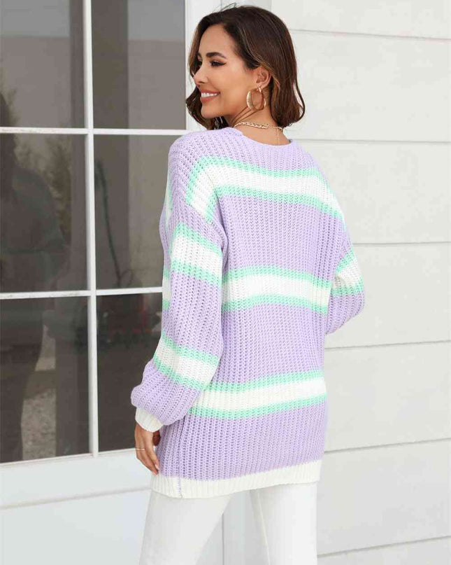 Color Block Ribbed Dropped Shoulder Open Front Cardigan