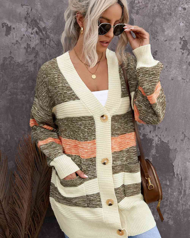 Woven Right Striped Button Down Longline Cardigan with Pockets