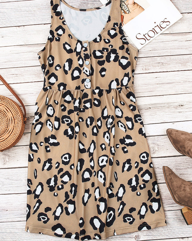 Leopard Buttoned Sleeveless Dress