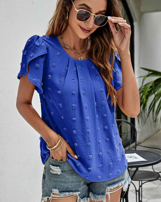Swiss Dot Round Neck Petal Sleeve Top