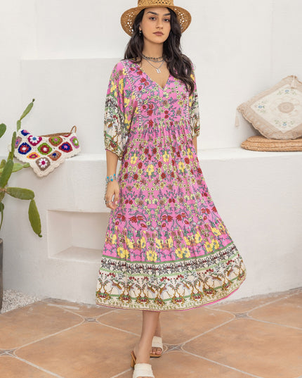 Printed V-Neck Balloon Sleeve Dress