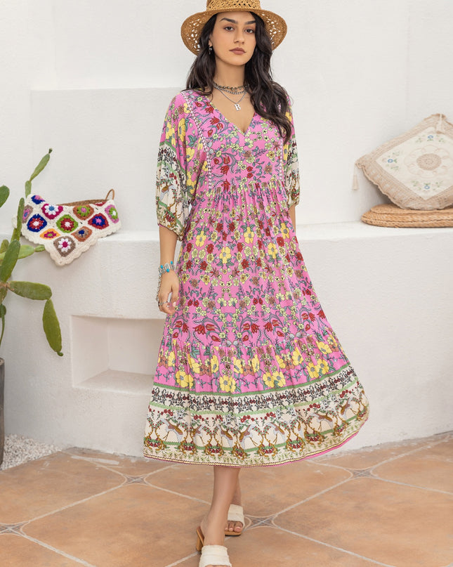 Printed V-Neck Balloon Sleeve Dress
