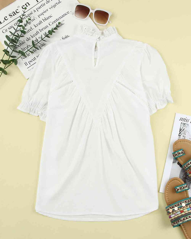 Spliced Lace Curved Hem Flounce Sleeve Top