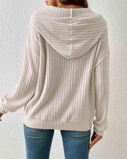 Ribbed Dropped Shoulder Drawstring Hoodie