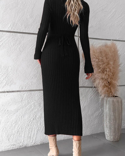 V-Neck Long Sleeve Ribbed Sweater Dress