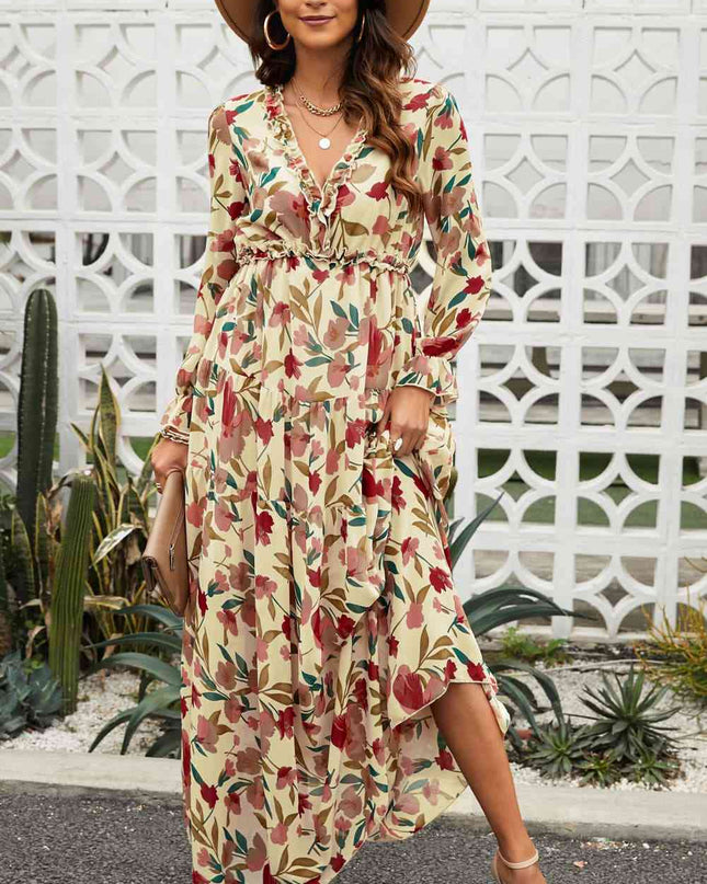 Floral Frill Trim Flounce Sleeve Plunge Maxi Dress