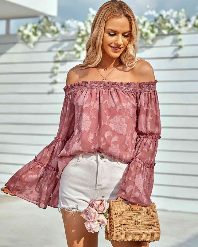Applique Flounce Sleeve Off-Shoulder Blouse