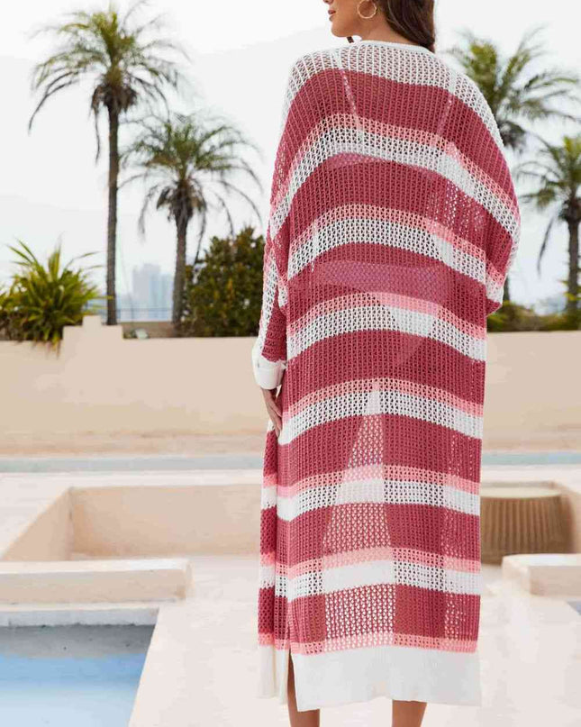 Striped Open Front Side Slit Duster Cover Up