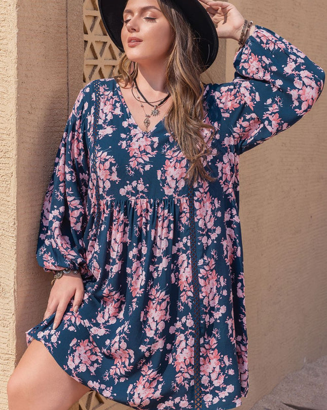 Plus Size Printed V-Neck Long Sleeve Mini Dress