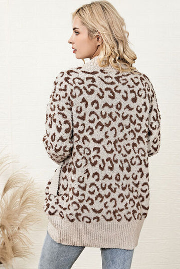 Leopard Open Front Dropped Shoulder Cardigan