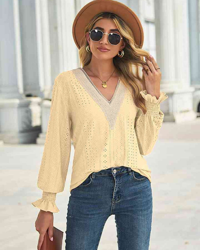 V-Neck Eyelet Flounce Sleeve Blouse