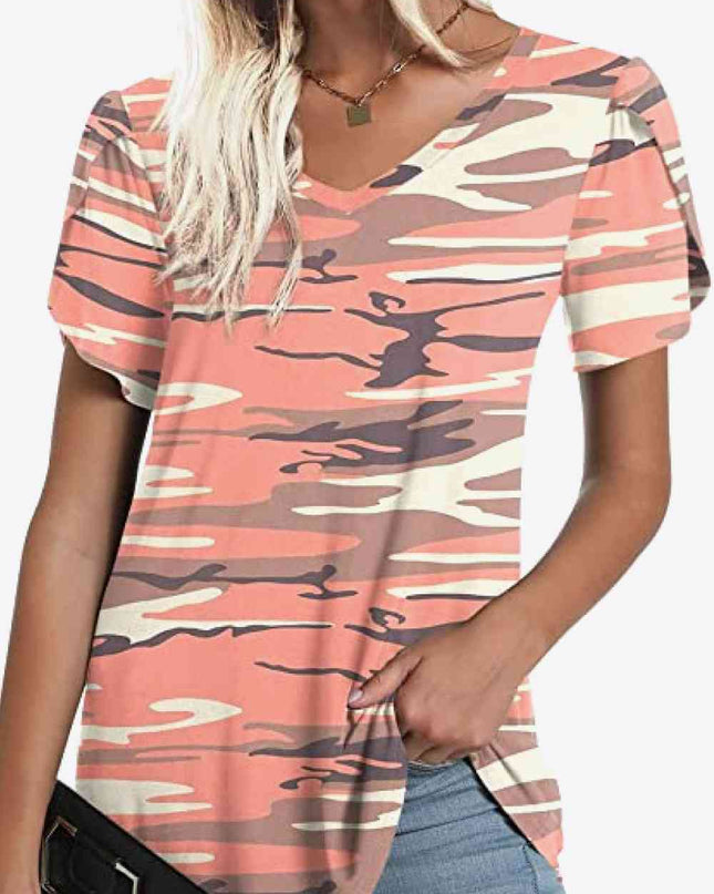 Printed Petal Sleeve V-Neck Blouse