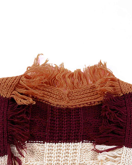 Color Block Frayed Hem Open Front Cardigan