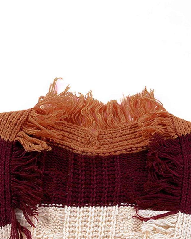 Color Block Frayed Hem Open Front Cardigan