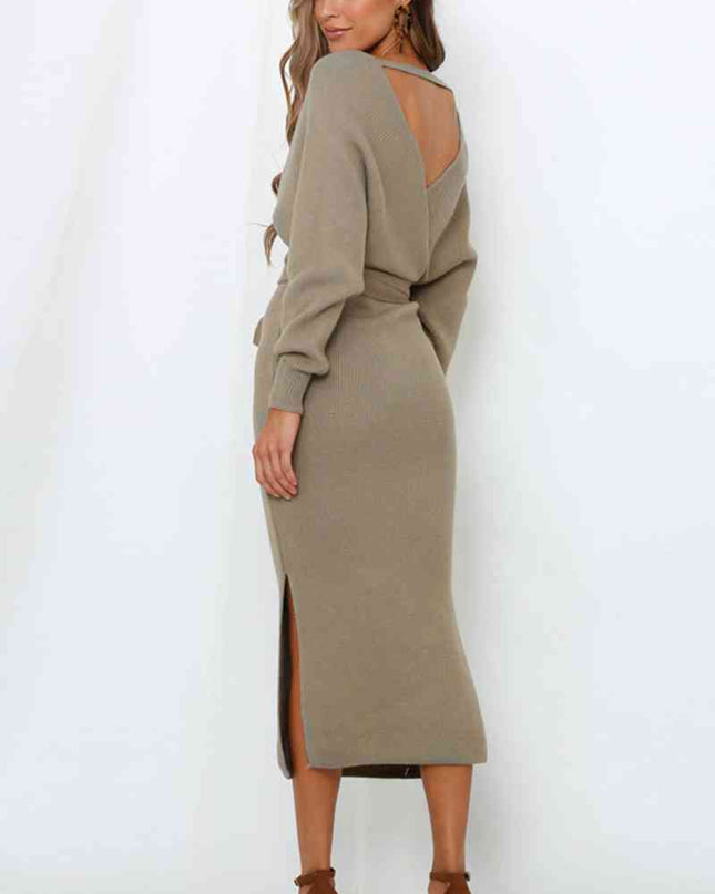 Surplice Neck Bow Waist Slit Sweater Dress