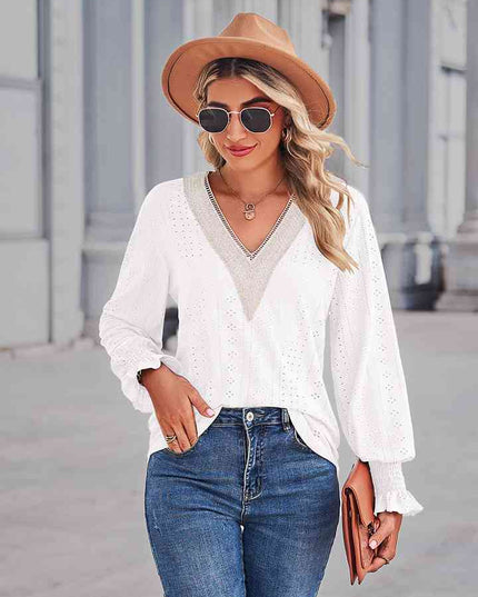 V-Neck Eyelet Flounce Sleeve Blouse