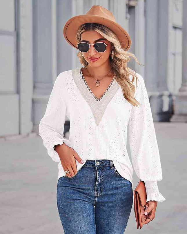 V-Neck Eyelet Flounce Sleeve Blouse