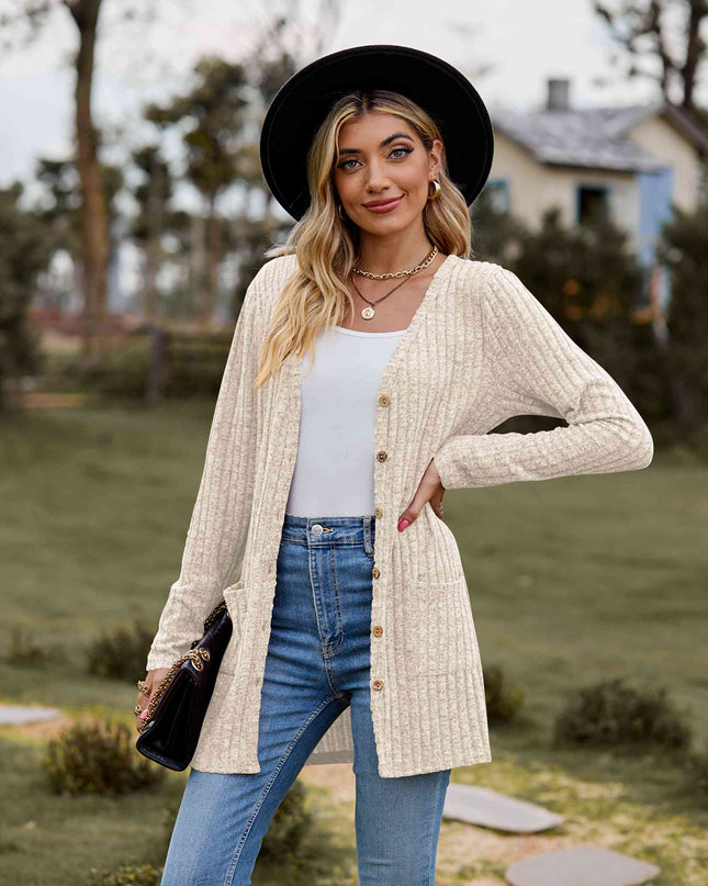 Ribbed Button-Up Cardigan with Pockets
