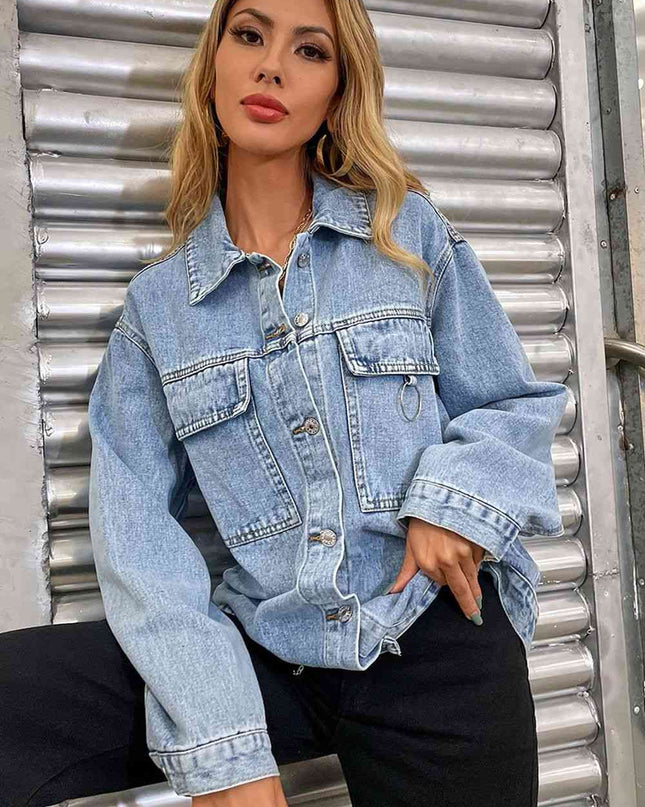 Collared Neck Dropped Shoulder Denim Jacket